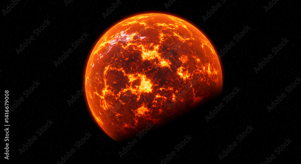 Poster lava planet with fiery orange surface and dark outer space background with stars and celestial spher