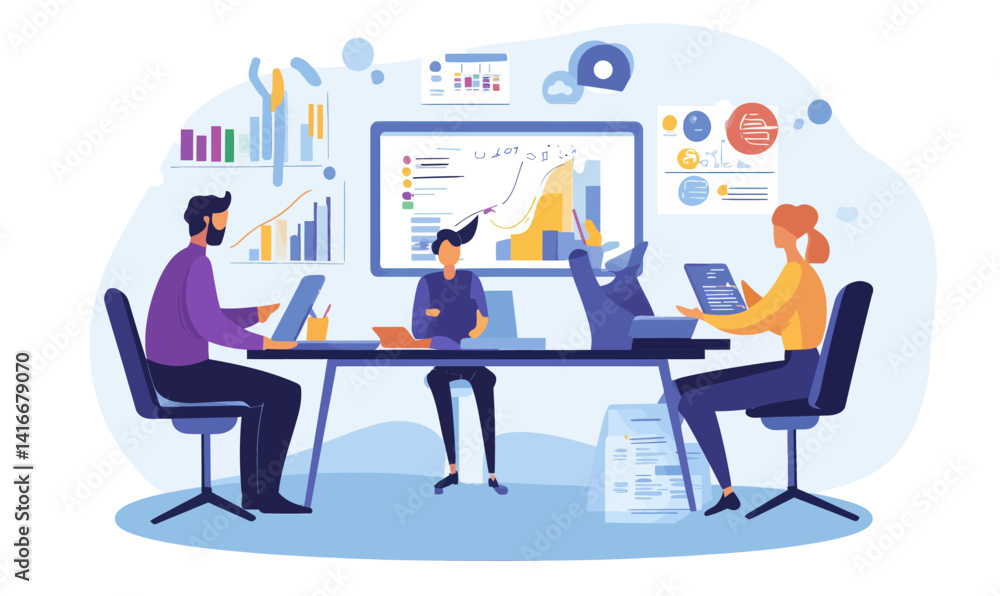 Poster collaborative teamwork in modern office with technology and charts for strategy development