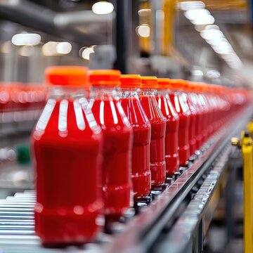 Lined bottles on a conveyor belt, filled with red liquid. Industrial processing