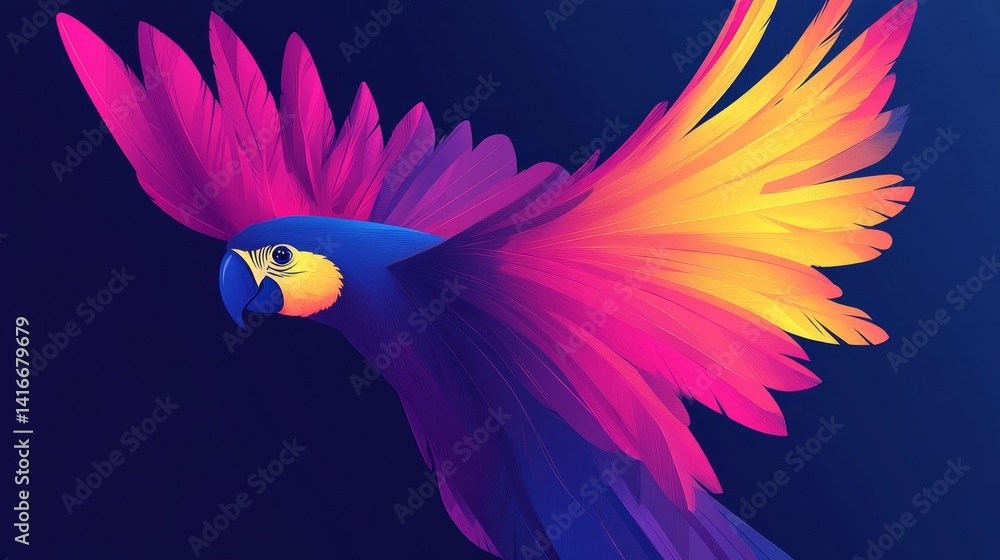 Poster vibrant parrot illustration with dynamic color gradients and abstract feather design conveying energ