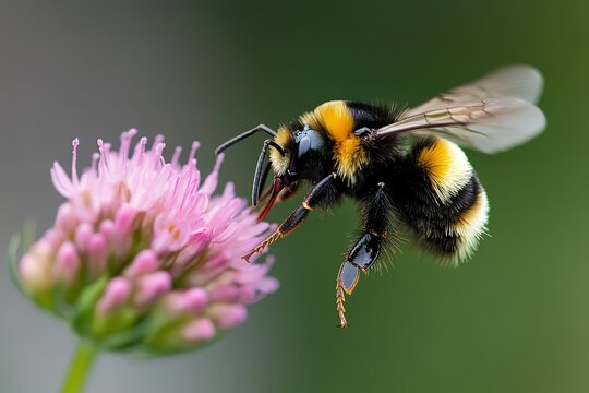 A solitary bumblebee hovering near a flower, its tiny wings beating rapidly - Powered by Adobe