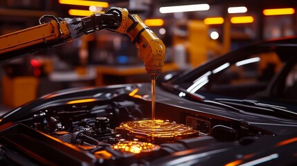 Industrial Robot Arm Adding Oil to a Car Engine