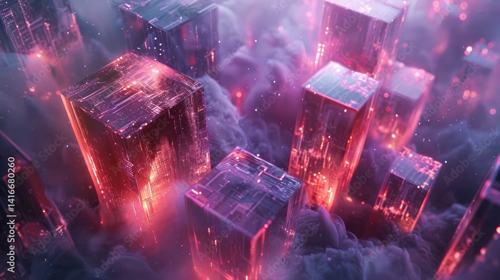 Poster abstract digital floating blocks with orange and blue lights. digital artwork of 3d rendering geogra