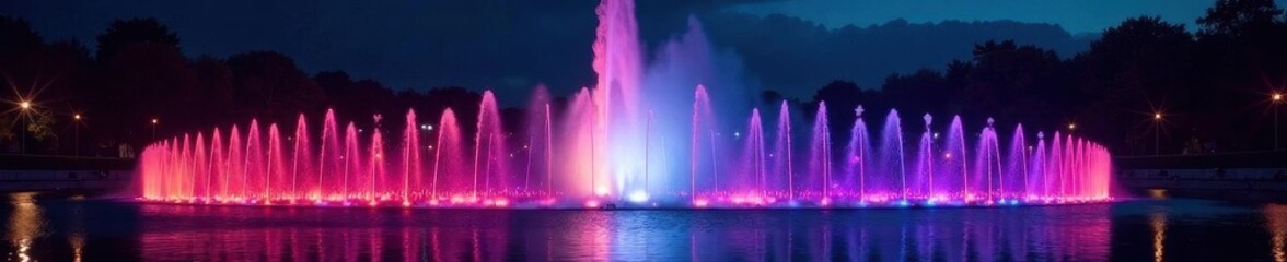 Night fountain, water arcs upward in darkness, water, fountain, park
