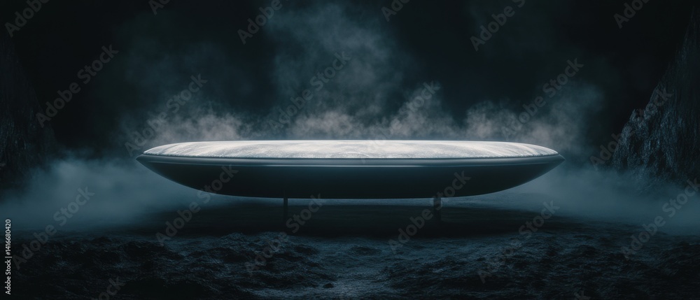 Poster mysterious illuminated platform with smoke in a dark cave, evoking science fiction and fantasy conce