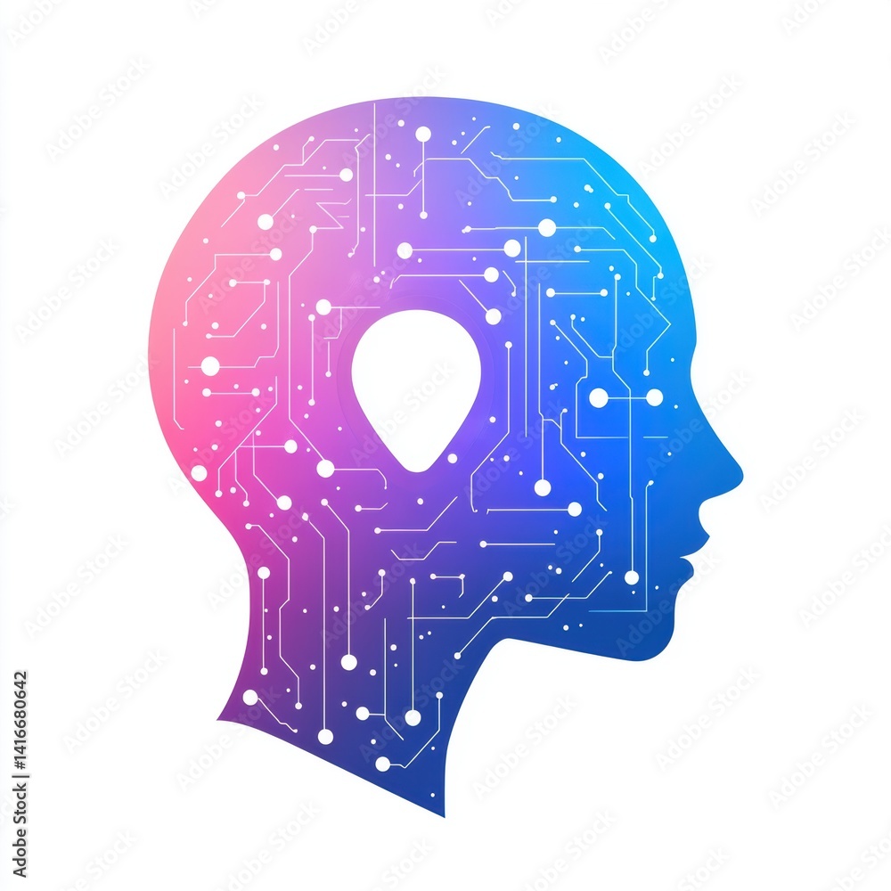 Poster artificial intelligence head profile with circuit board design in gradient colors