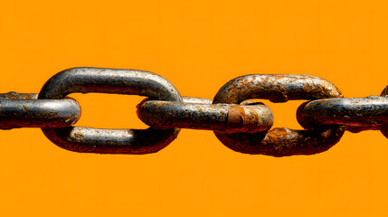 Fototapeta premium Detailed close-up of a rusty metal chain against a vibrant orange background, highlighting its texture and strength.
