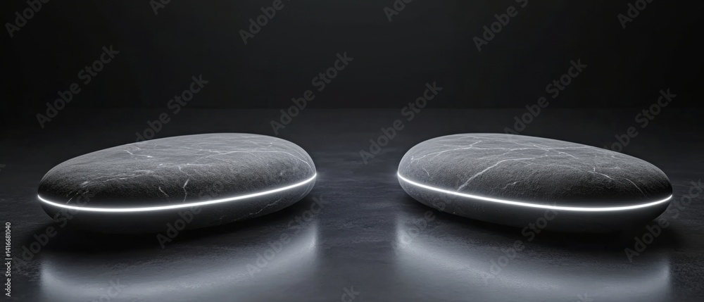 Poster minimalist stone podiums with neon light for product display in dark studio abstract concept of mode