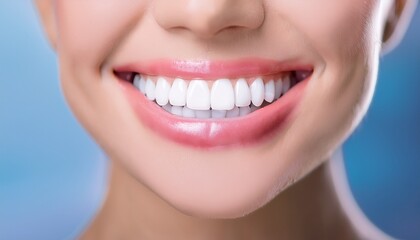 Obraz premium Close-up of Beautiful Woman's Perfect Smile with White Teeth - Whitening and Oral Care.