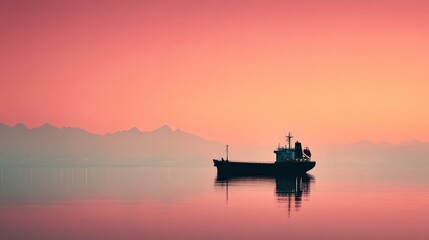 Obraz premium Serene Sunset Cargo Ship at Sea Minimalist Landscape Photography