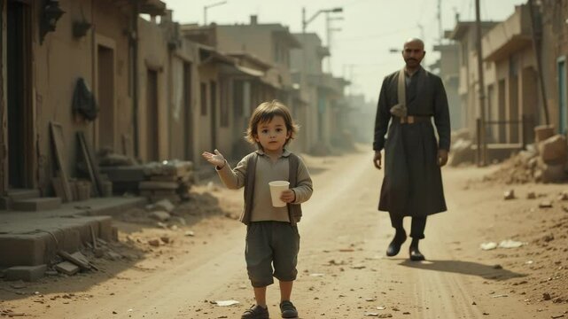Child beggar with cup in war-torn town
