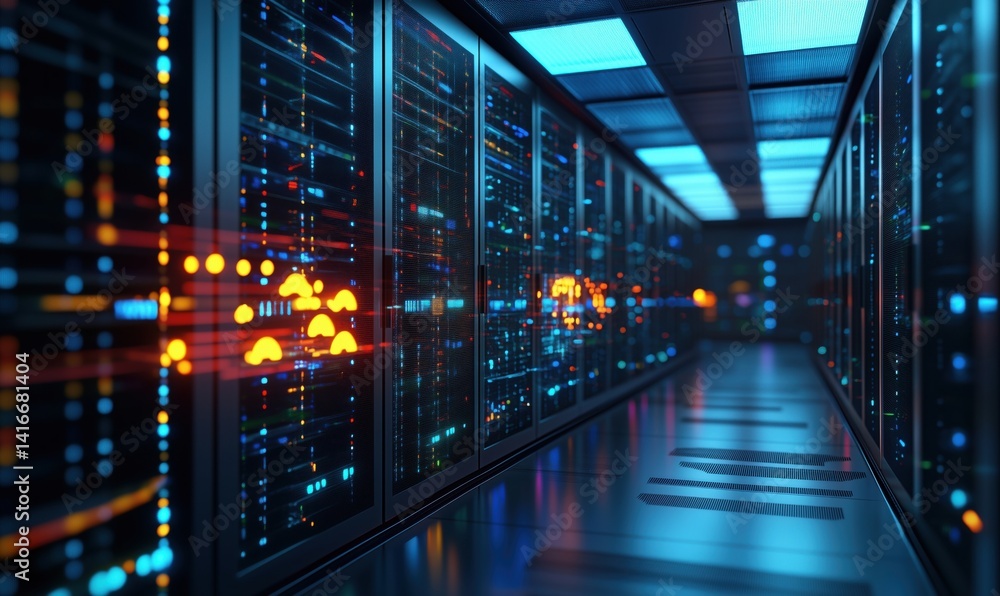 Poster data center corridor with illuminated server racks and futuristic technology