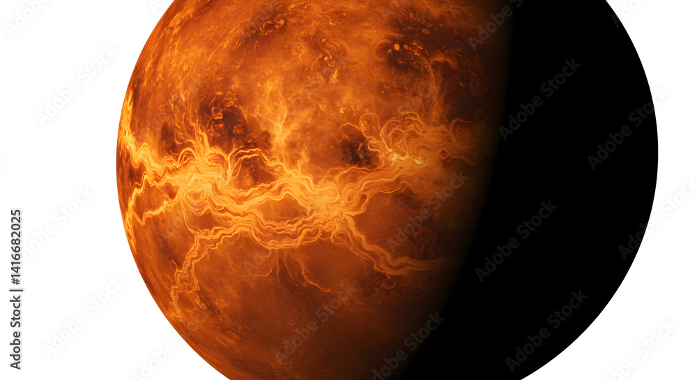 Poster fiery orange textured planet with dynamic light and shadow in the dark cosmos