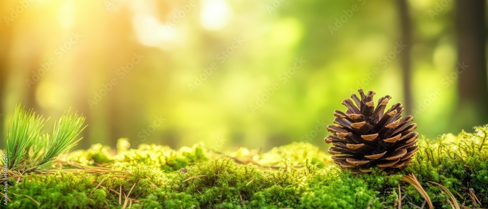 Aufkleber pine cone on green moss natural forest floor with sunlight filtering through trees creating a serene