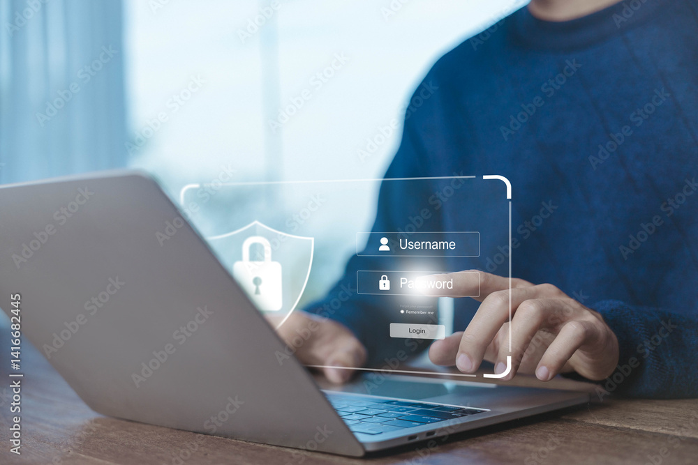 Poster laptop shows the icon lock shield for cybersecurity. concept of secure privacy data, protect cybercr