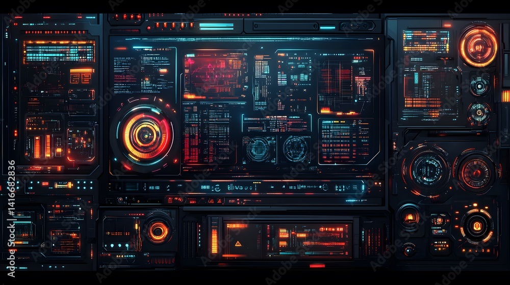 Poster futuristic control panel with glowing displays and interactive elements.