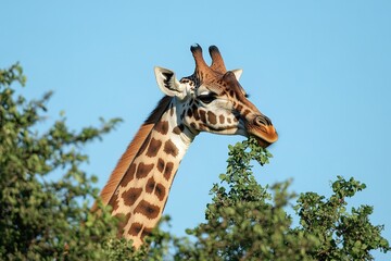 Fototapeta premium A solitary giraffe munching on leaves from the top of a tree, its long neck swaying gently