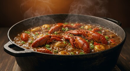 Cooking Crawfish Boil Seafood in a Pot with Steam for Dinner