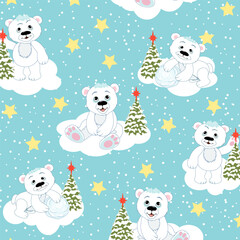 White bear cubs with Christmas trees.Vector pattern with white bear cubs and Christmas trees on the clouds.