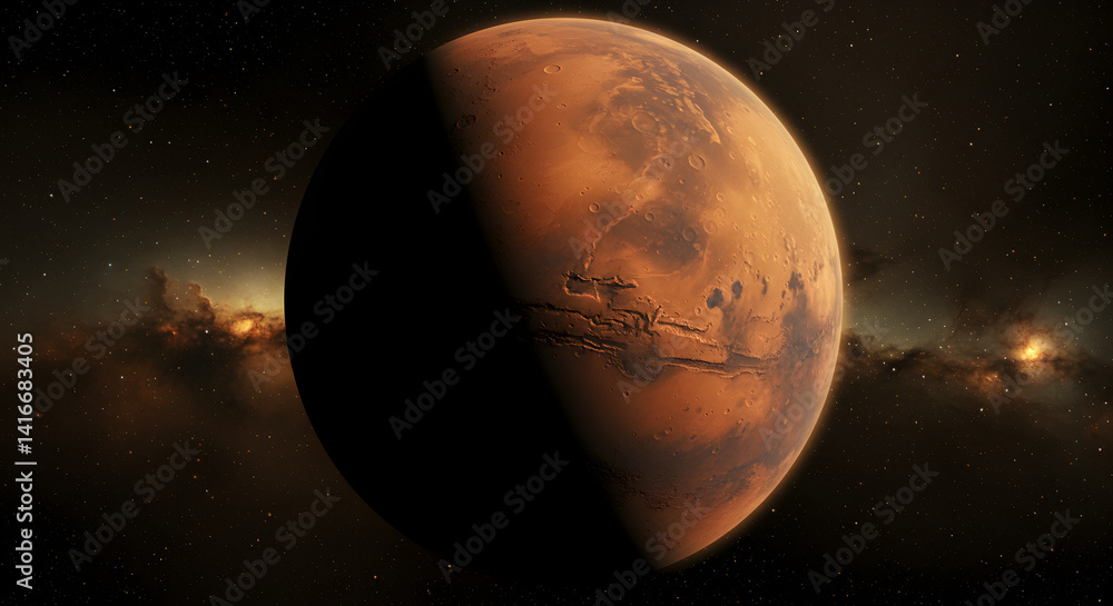 Poster digital render of mars in deep space with starry background and warm lighting displaying red planet 