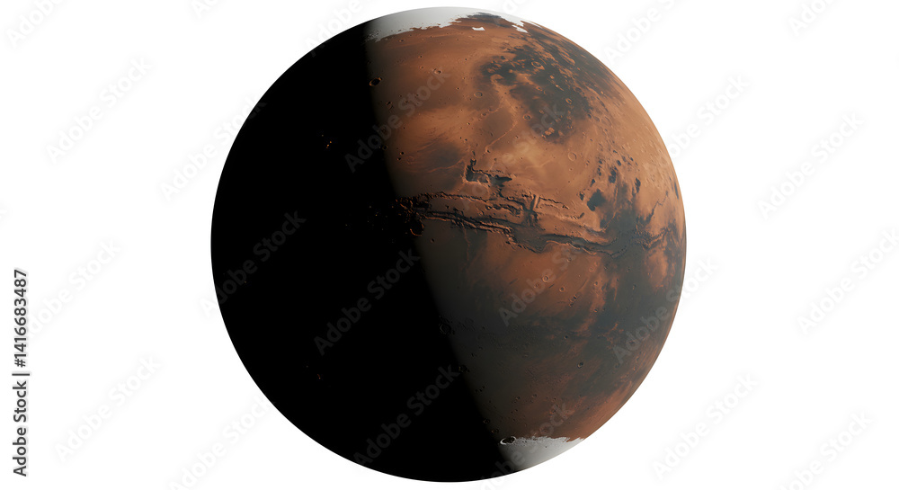 Poster detailed view of red planet mars with visible surface features and shadowed hemisphere