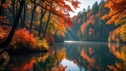 Reflecting Autumn Trees at Lake with Sunlight Streaming Through Forest