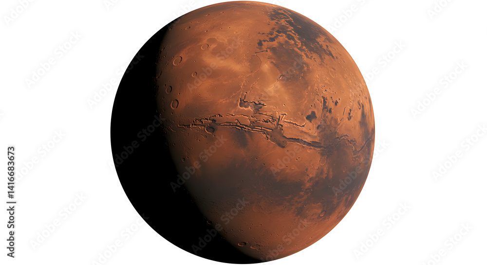Poster detailed view of red planet mars texture and surface geological features on isolated white backdrop