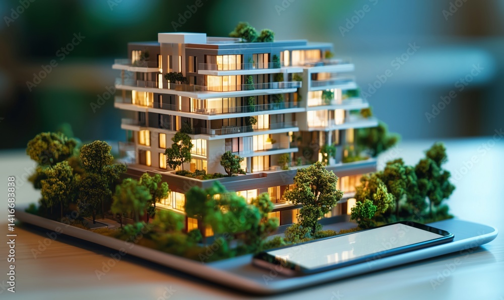 Poster architectural model of modern residential building with illuminated windows and greenery