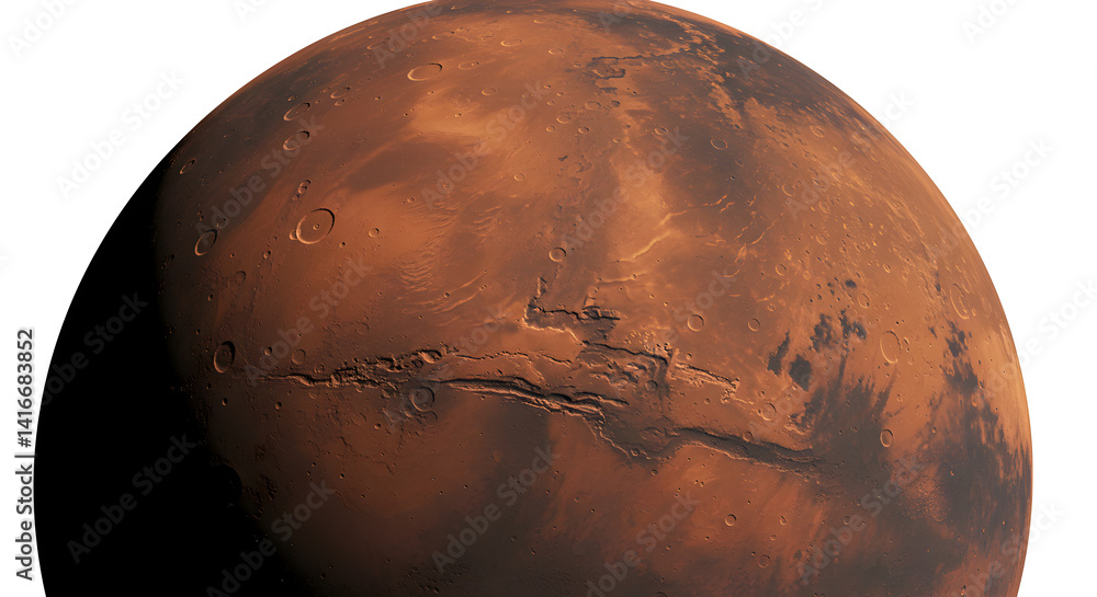 Poster detailed view of mars featuring red surface with canyons and craters in outer space
