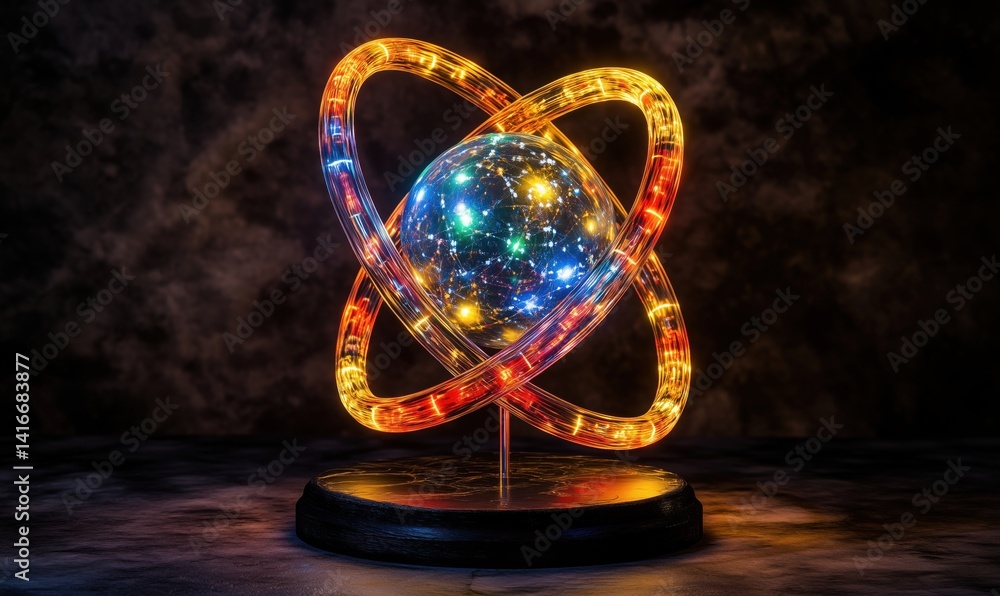 Poster glowing atomic model with colorful energy rings and luminous sphere on display