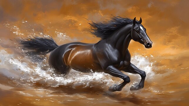 Majestic black horse galloping through a golden desert. - Powered by Adobe