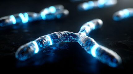 A futuristic representation of chromosomes illuminated in neon blue against a dark background, showcasing intricate details.