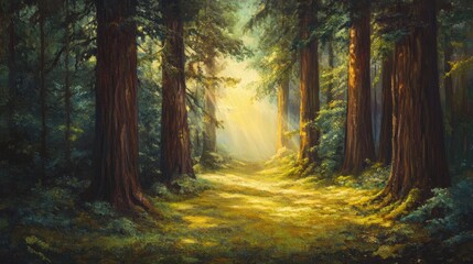 Naklejka premium A sunlit path through a redwood forest.