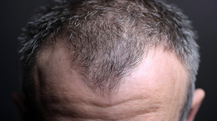 Fototapeta premium Close-up of a middle-aged Caucasian man's thinning hair, highlighting texture and natural gray tones against a dark background.