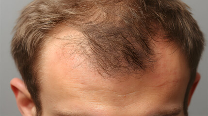 Fototapeta premium Close-up of a male with thinning hair, showcasing a receding hairline and fine hair texture.