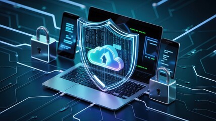 High tech vector illustration showcasing secure cloud storage with digital devices and protective elements in a modern setting. National Safety Month