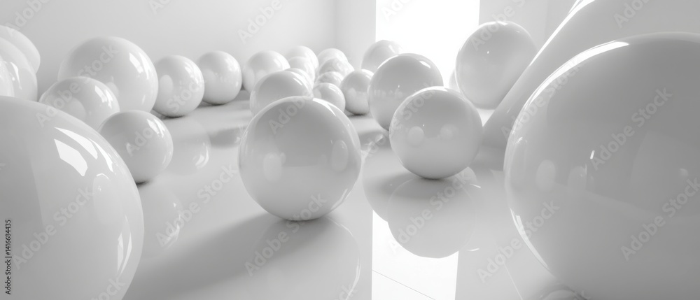 Poster abstract white spheres in a bright room, creating a minimalist and modern design with clean lines an