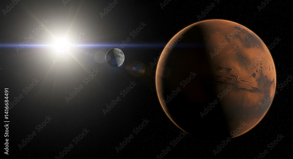 Poster detailed digital rendering of mars and small moon in outer space with starry background and lens fla