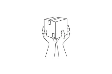 Hand holding small delivery box minimalist line art illustration