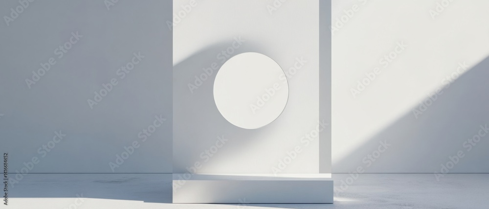 Poster minimalist white geometric shapes with circle and platform in sunlight, creating a clean and modern 