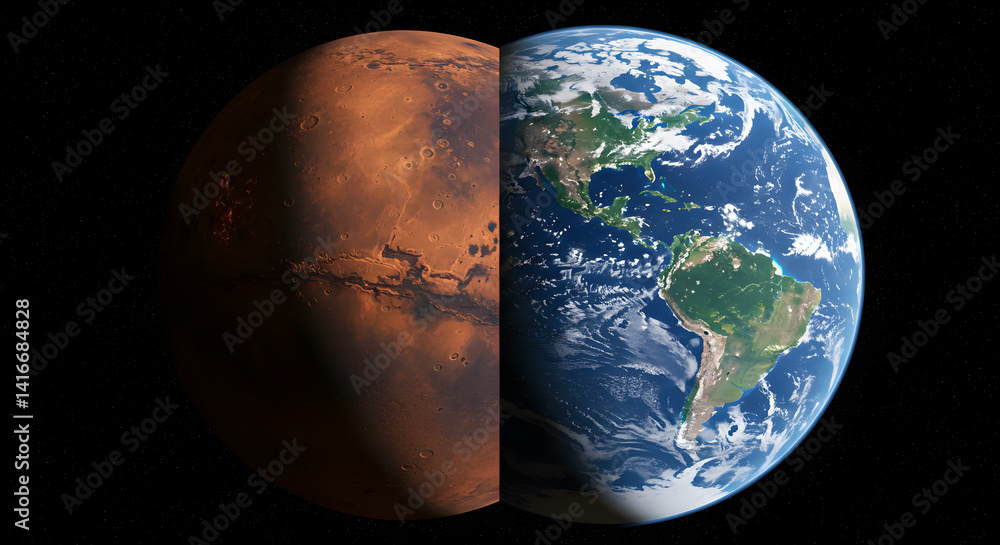 Poster comparison of earth and mars split screen view of two planets in outer space with stars