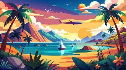 Tropical Landscape with Ocean View, Airplane, Clouds, and Sun – Scenic Travel 