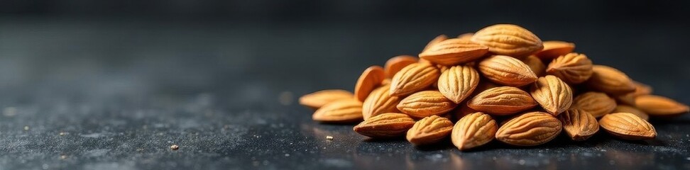Pile of almonds on textured black surface, negative space , ingredient, design, template