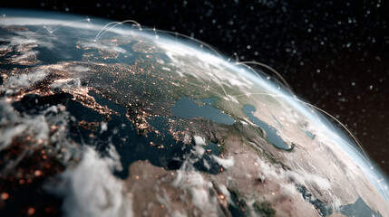 Satellite network orbiting Earth with glowing conne