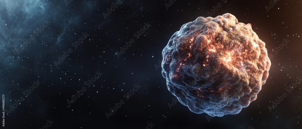 Poster abstract cosmic asteroid with glowing core in deep space, a celestial body with rough surface and br