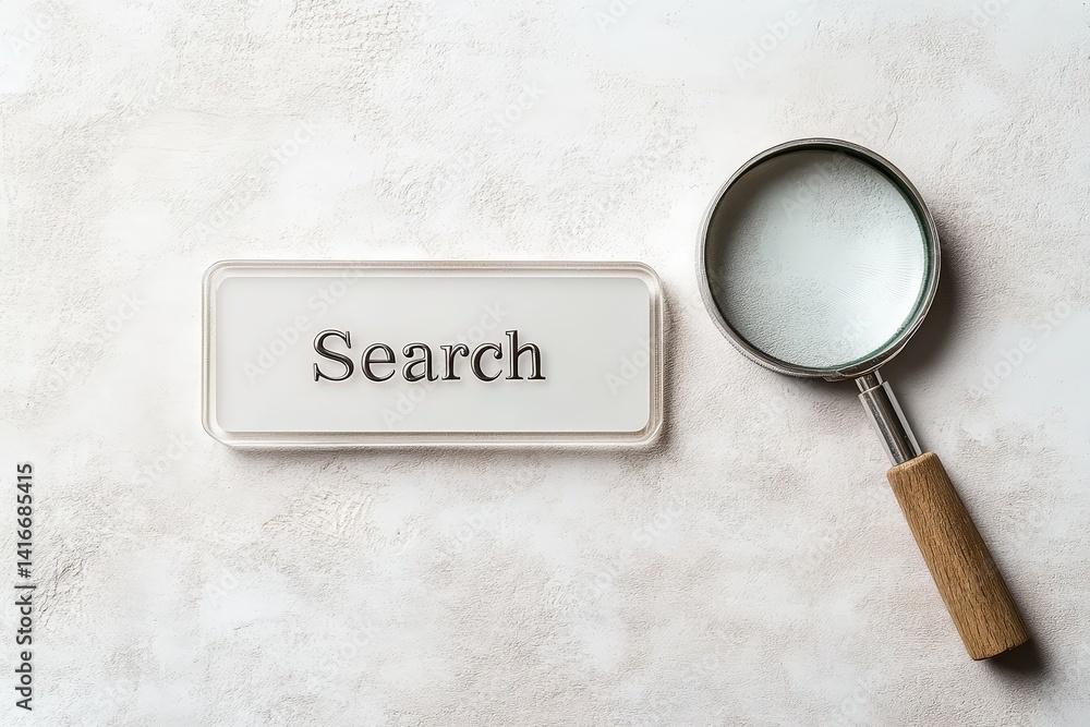 Poster Magnifying Glass and Search Text on Light Background for Inquiry and Exploration