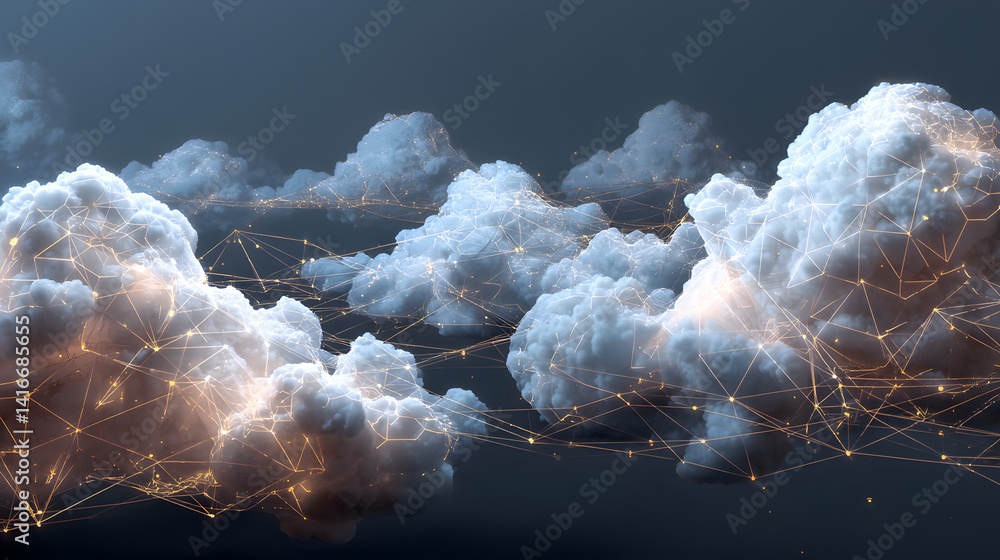 Poster abstract cloud formations interspersed with glowing network lines, creating a surreal digital atmosp