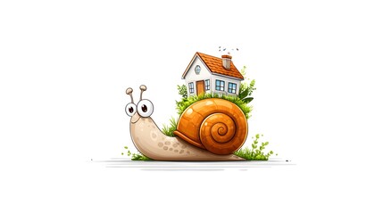 Snail with house whimsical scene cartoon isolated background