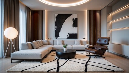 a modern, minimalist living room with a neutral color palette. The layout features a spacious area with a large, circular ceiling light fixture that casts a soft glow.