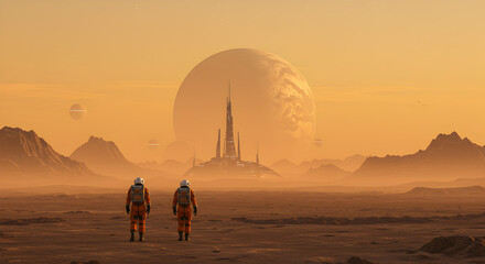 Astronauts Explore Barren Planet Landscape with Orange Sky and Distant City Construction